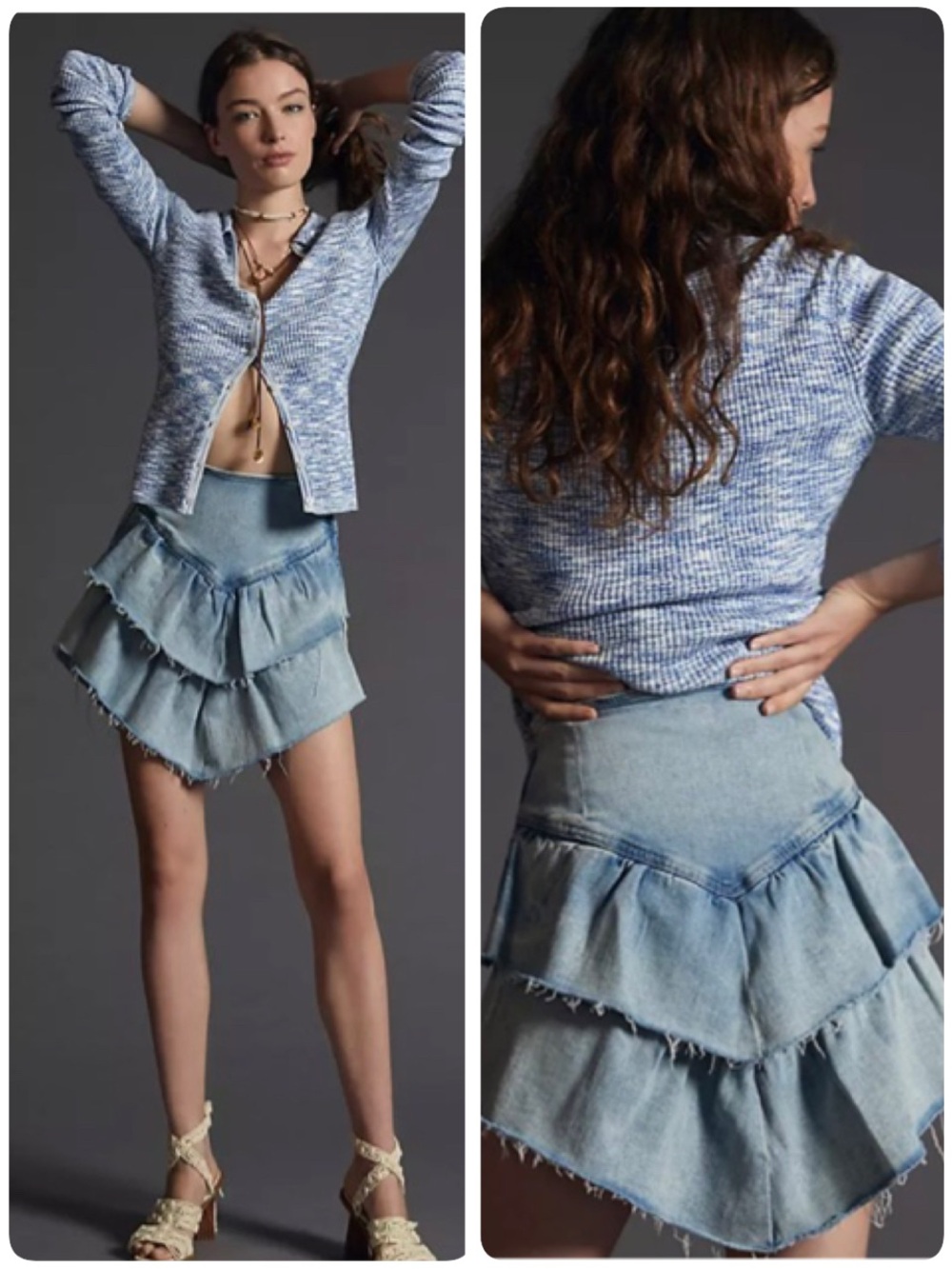 MOTHER The Ruffle Mini Raw Edge Skirt Action Shot Denim Jean Asymmetrical Tiered